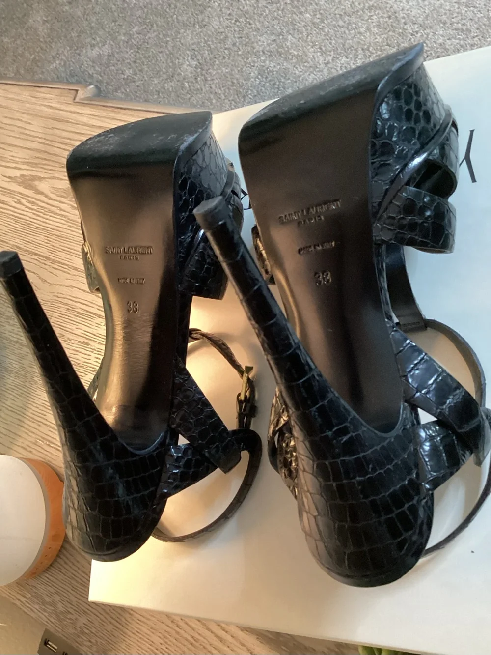 Yves Saint Laurent Tribute 105 Platform in Black Croc Embossed Leather
